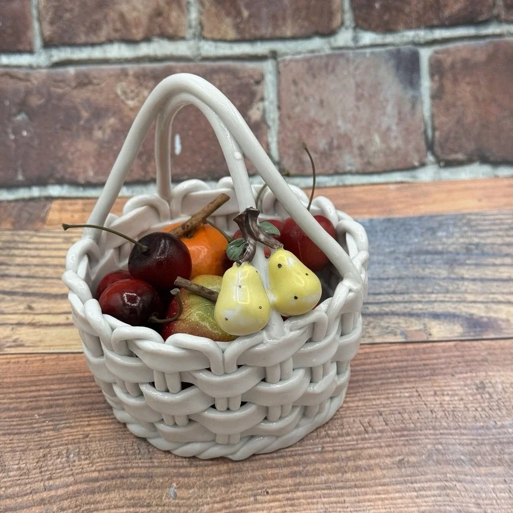 Vintage Ceramic Open Weave White Lattice Fruit Basket Pear Applique w Faux Fruit